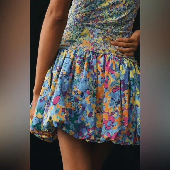 ANTHROPOLOGIE Plenty Tracy Reese Wrap V-Neck Bubble Dress SM Blue Motif MONET - Picture 2 of 16